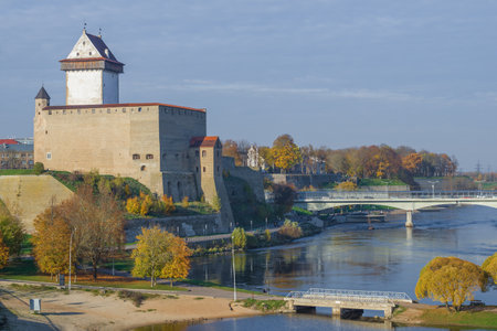 Medieval castle of Hermann in the October landscape. Narva, Estoniaのeditorial素材