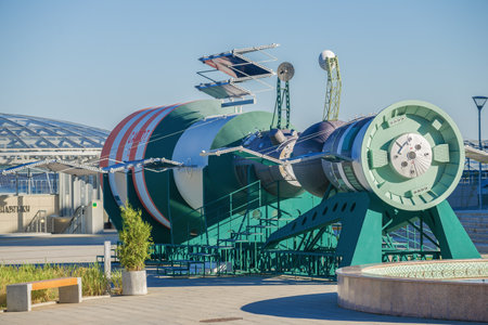 KALUGA, RUSSIA - JULY 07, 2021: Two space stations Salyut and Soyuz on the State Museum of...