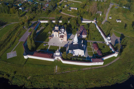 Above the Staritsky Holy Assumption Monastery on a sunny August day (aerial survey). Tver region,...