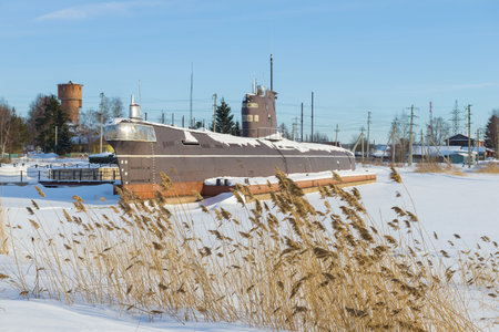 VYTEGRA, RUSSIA - FEBRUARY 23, 2021: An old Soviet submarine B-440 at an eternal stop on a winter day. Museum in the city of Vytegraのeditorial素材