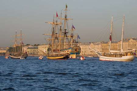 SAINT PETERSBURG, RUSSIA - JULY 26, 2021: Copies of old sailing ships that participated in the Navy...