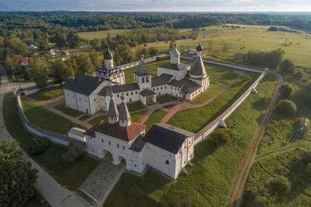 Ferapontov Belozersky Mother of God-Nativity Monastery close-up on a sunny August morning (aerial photography). Vologda region, Russiaの写真素材