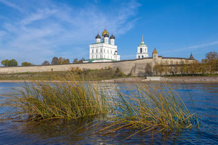 Sunny October day on the Velikaya river at the Pskov Kremlin. Pskov, Russia