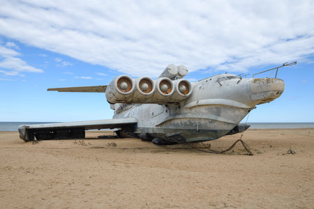 DERBENT, RUSSIA - SEPTEMBER 27, 2021: Abandoned rocket ship-ekranoplan Lun (project 903) on the...