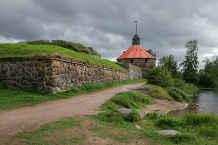 Cloudy August day at the ancient fortress Korela. Priozersk, Russiaのeditorial素材