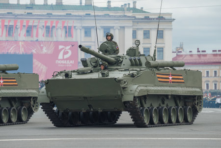 SAINT PETERSBURG, RUSSIA - JUNE 20, 2020: Infantry fighting vehicle - BMP-3 on the rehearsal of the military parade in honor of Victory Dayのeditorial素材