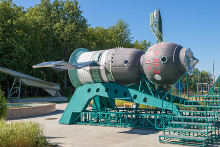 KALUGA, RUSSIA - JULY 07, 2021: Layout of the Soyuz space station in the street exposition of the state museum of cosmonauticsのeditorial素材