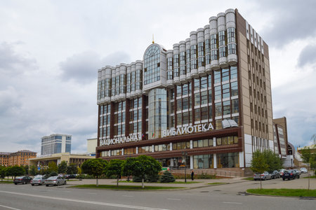 GROZNY, RUSSIA - SEPTEMBER 29, 2021: Modern building of the National Library of the Chechen Republic named after Abuzar Aydamirov on a cloudy September dayのeditorial素材