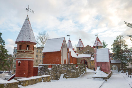 SOSNOVY BOR, RUSSIA - FEBRUARY 01, 2021: View of the children's playground in honor of Hans Christian Andersen (Andersengrad) on a cloudy winter dayのeditorial素材