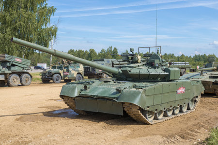 MOSCOW REGION, RUSSIA - AUGUST 25, 2020: Russian tank T-80BVM before the start of the demonstration...