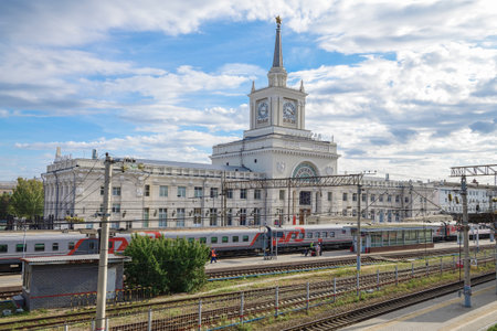 VOLGOGRAD, RUSSIA - SEPTEMBER 19, 2021: View of the railway station building on a September afternoonのeditorial素材
