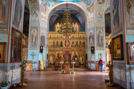 SPAS-ZAULOK, RUSSIA - OCTOBER 05, 2021: Interior of the ancient Church of the Transfiguration of the Saviorのeditorial素材