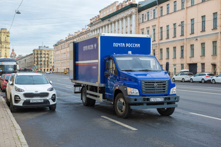 SAINT-PETERSBURG, RUSSIA - AUGUST 21, 2021: New medium-duty truck Post of Russia GAZON NEXT on Izmailovsky Prospektのeditorial素材