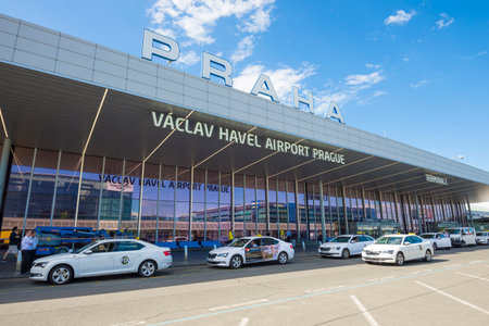 PRAGUE, CZECH REPUBLIC - APRIL 30, 2018: Taxi cars awaiting passengers at Vaclav Havel International Airport on a sunny spring dayのeditorial素材