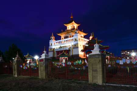 ELISTA, RUSSIA - SEPTEMBER 20, 2021: View of the Buddhist Temple "Golden Abode of Buddha Shakyamuni" on September nightのeditorial素材