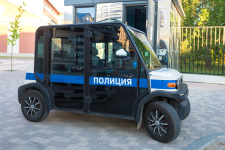 TULA, RUSSIA - JULY 06, 2021: Police electric car Voltus for patrolling the city's historic center...