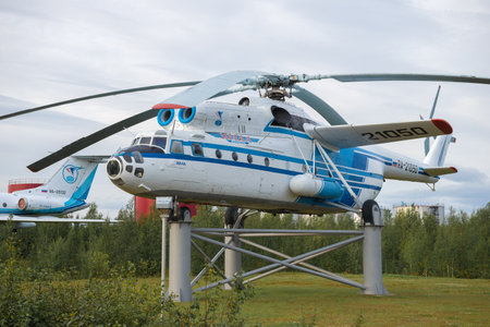 SALEHARD, RUSSIA - AUGUST 29, 20181: Helicopter Mi-6A (RA-21050) close-up on a cloudy August day....