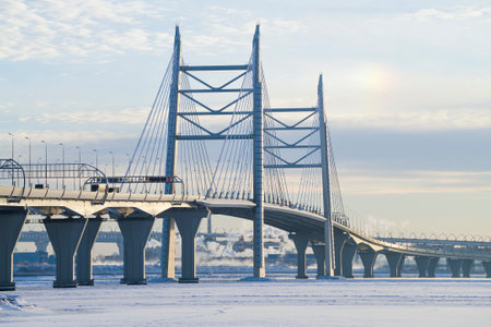 SAINT PETERSBURG, RUSSIA - DECEMBER 10, 2018: Bridge across the Ship Fairway - a fragment of the Western High-Speed Diameter on a December afternoonのeditorial素材
