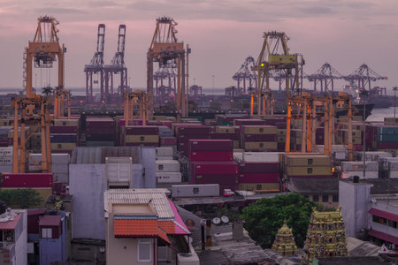 COLOMBO, SRI LANKA - FEBRUARY 22, 2020: Container terminalo of Colombo seaport on a evening twilightのeditorial素材