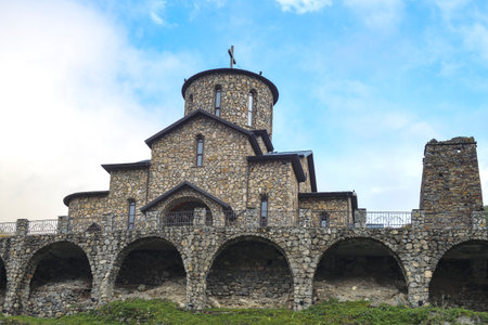 View of the Iversky Cathedral of the Alan Holy Assumption Monastery on September cloudy day. North Ossetia-Alania, Russian Federationの写真素材