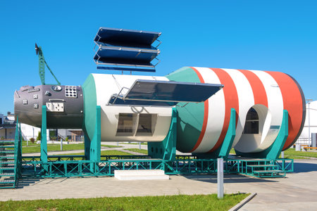 KALUGA, RUSSIA - JULY 07, 2021: Model of the Salyut space station in the outdoor exposition of the...