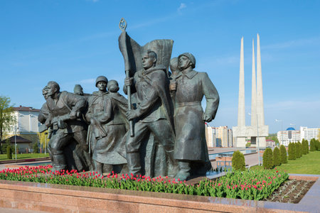 Soviet soldiers-winners. Memorial complex "Three Bayonets" on a sunny May dayのeditorial素材
