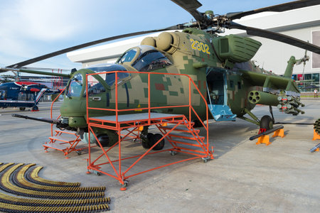 MOSCOW REGION, RUSSIA - AUGUST 25, 2022: Mi-35m transport and combat helicopter close-up. Exhibit of...