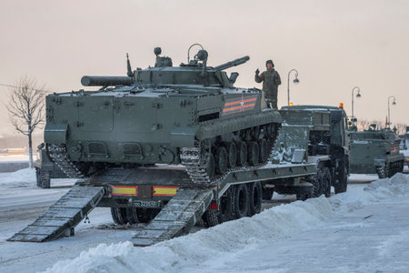 SAINT PETERSBURG, RUSSIA - JANUARY 24, 2019: BMP-3 (infantry fighting vehicle) drives onto a trailer...