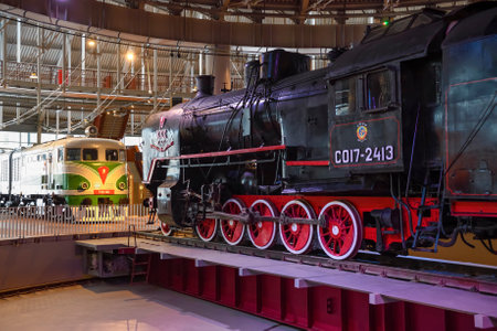 SAINT PETERSBURG, RUSSIA - JANUARY 12, 2022: Soviet mainline freight steam locomotive of the SO series (Sergo Ordzhonikidze) in the Museum of Russian Railwaysのeditorial素材