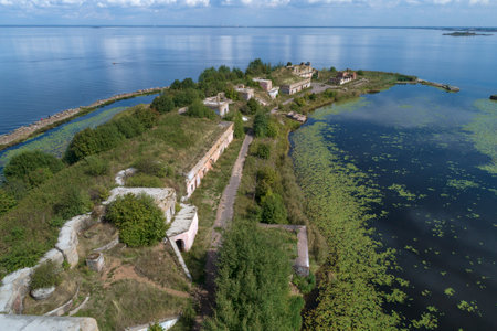 View of the artillery positions of the First Northern Fort on a sunny August day (aerial view). Kronstadt, Russiaのeditorial素材