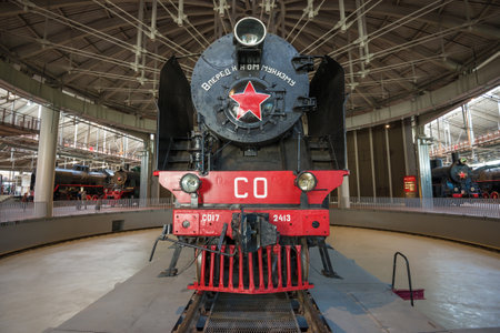 ST. PETERSBURG, RUSSIA - AUGUST 16, 2018: Soviet pre-war steam locomotive SO17 on a turning circle. Museum of Railways of Russiaのeditorial素材