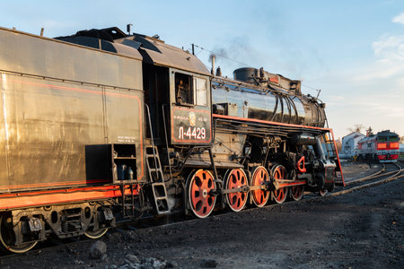 SORTAVALA, RUSSIA - OCTOBER 07, 2021: Soviet freight steam locomotive L-4429 (Lebedyanka) on the Sortavala railway station on a sunny October morningのeditorial素材