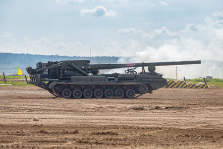 MOSCOW REGION, RUSSIA - AUGUST 25, 2020: Self-propelled artillery mount 2S7M "Malka" on the training ground. Demonstration program of the military-technical forum "Army-2020"のeditorial素材