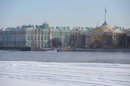 SAINT PETERSBURG, RUSSIA - FEBRUARY 15, 2021: Winter Palace and Admiralty in cityscape on February morningのeditorial素材