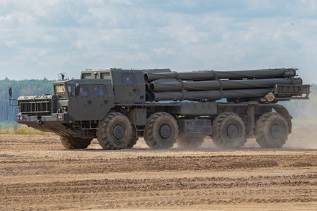 MOSCOW REGION, RUSSIA - AUGUST 25, 2020: Combat vehicle 9A52-2 of the Smerch multiple launch rocket system close-upのeditorial素材