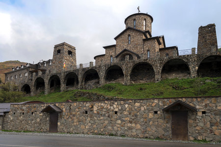 View of the Alansky Assumption Monastery on a September cloudy evening. North Ossetia-Alania, Russian Federationの写真素材