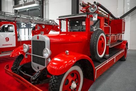 SAINT PETERSBURG, RUSSIA - APRIL 23, 2022: Fire pump truck PMZ-1 on ZIS-11 chassis on the...