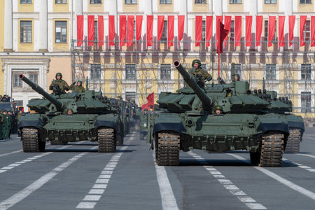SAINT PETERSBURG, RUSSIA - APRIL 28, 2022: Russian tanks T-72B3 at the rehearsal of the military...