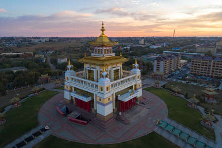 Buddhist Temple "Golden Abode of Buddha Shakyamuni" against the backdrop of the September dawn (aerial view). Elista. Republic of Kalmykia, Russiaの写真素材