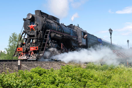SORTAVALA, RUSSIA - JUNE 11, 2022: Steam locomotive L-4429 of tourist retro train Ruskeala Express...