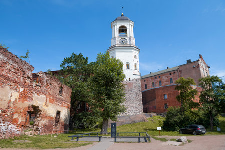 VYBORG, RUSSIA - JULY 02, 2022: View of the ancient Clock Tower on a sunny July day