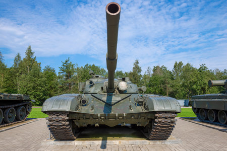 KIROVSK, RUSSIA - SEPTEMBER 07, 2018: Soviet, Russian tank of T-72 close-up. front view. Museum exposition "Breakthrough of the Siege of Leningrad"のeditorial素材