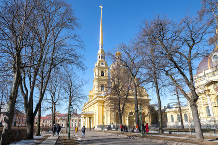SAINT PETERSBURG, RUSSIA - APRIL 03, 2022: View of the Peter and Paul Cathedral in the Peter and Paul Fortress on a sunny April dayのeditorial素材