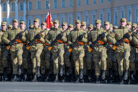 SAINT PETERSBURG, RUSSIA - APRIL 28, 2022: Soldiers of the Russian army on the rehearsal of the military parade in honor of the Victory Dayのeditorial素材