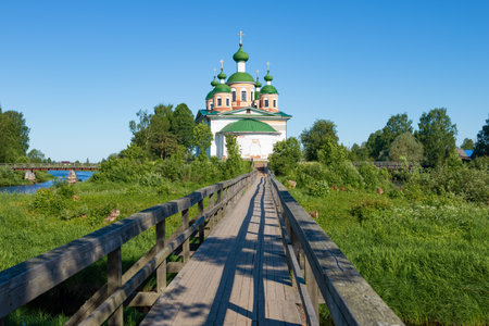 View of the ancient Cathedral of the Smolensk Icon of the Mother of God on a sunny June day. Olonets, Kareliaの写真素材