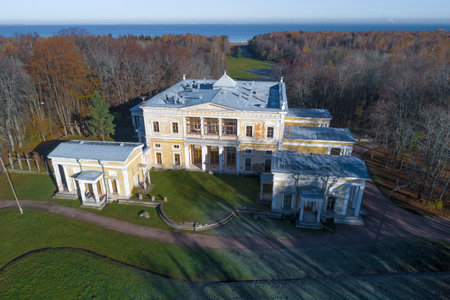 PETERHOF, RUSSIA - OCTOBER 25, 2022: The ancient palace of the Dukes of Leuchtenberg in the Sergievka estate on an October afternoon (shooting from a quadrocopter)のeditorial素材