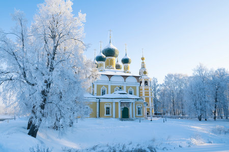 View of the ancient Transfiguration Cathedral (1713) on a frosty January day. Uglich, Yaroslavl region. Golden ring of Russiaの写真素材