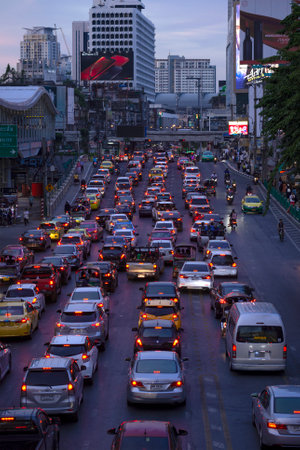 BANGKOK, THAILAND - JANUARY 02, 2019: Traffic jam on Ratchadamri Road on a evening twilight