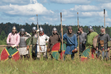 TVER REGION, RUSSIA - JULY 22, 2022: Participants of the historical festival "Epic Coast-2022" before the reconstruction of the medieval battleのeditorial素材