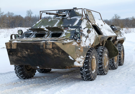 KRASNOE SELO, RUSSIA - FEBRUARY 05, 2023: Command and staff vehicle "Kushetka-B" based on the BTR-80 close-up on a February afternoon. Military Historical Park of "Steel Landing"のeditorial素材